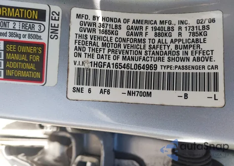 2006 Honda Civic Lx from USA, damaged, VIN 1HGFA16546L064969